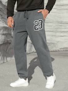 Aesthetic Post--Men Plus Letter Graphic Drawstring Waist Sweatpants - Dark Grey - View 1