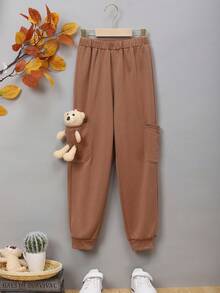 SHEIN 男大童3D熊裝飾衛褲 - 棕色 - 查看 2