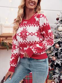 SHEIN Frenchy Christmas Pattern Sweater - Red and White - View 5