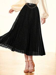 Modelyn High Waist Pleated Glitter Skirt Without Belt - Black - View 3