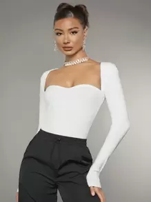 SHEIN BAE Sweetheart Neck Ribbed Knit Bodysuit - White - View 1