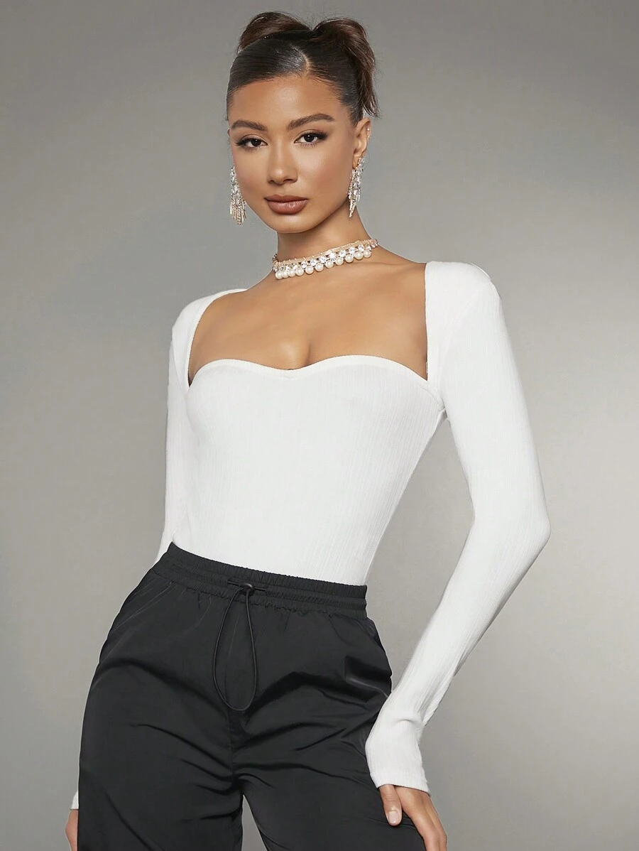 SHEIN BAE Sweetheart Neck Ribbed Knit Bodysuit - White - View 1