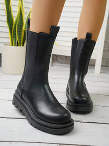 Autumn/Winter Thick Bottom Mid-Calf Elastic Double Boots For Teenagers - Black - View 3
