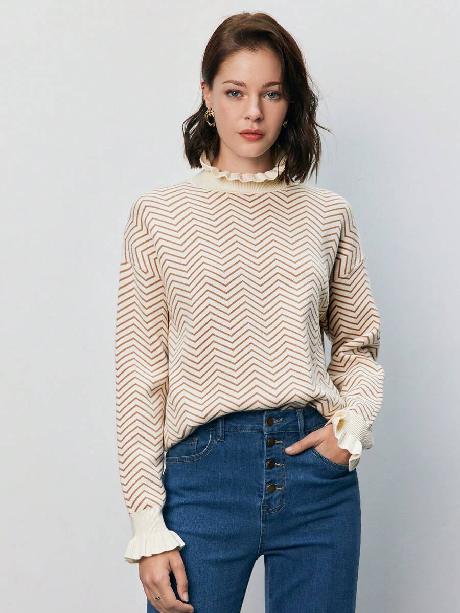 SHEIN Frenchy Jersey con patrón de cheurón ribete fruncido de hombros caídos - Multicolor - Ver 1