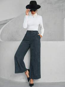SHEIN BIZwear Wide Leg Suit Pants - Navy Blue - View 5