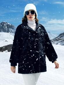 SHEIN LUNE 素色扣飾前毛茸茸外套 - 黑色 - 查看 4