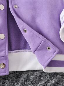 SHEIN 女小童標語和人物圖案條紋飾邊落肩袖學院風夾克 - 紫色 - 查看 4