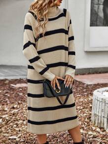 SHEIN LUNE Striped Pattern Turtleneck Drop Shoulder Sweater Dress - Multicolor - View 6