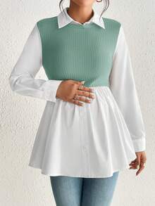 SHEIN Maternity Two Tone 2 In 1 Peplum Blouse - Blue - View 5