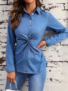 SHEIN LUNE Twist Front Button Front Denim Shirt - Medium Wash - View 1