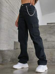 SHEIN EZwear High Waist Chain Detail Cargo Jeans - Black - View 4