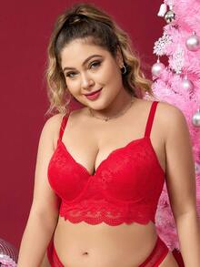 Plus Floral Lace Scallop Trim Underwire Bra - Red - View 3