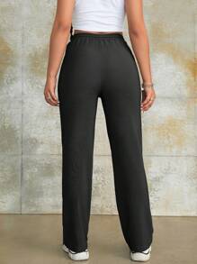 Solid Drawstring Waist Pants - Black - View 3