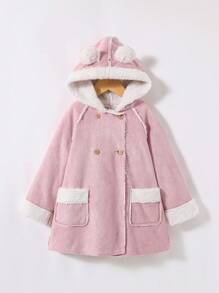 SHEIN 少女雙排扣3d耳朵設計帽風衣 - 淺粉色 - 查看 1