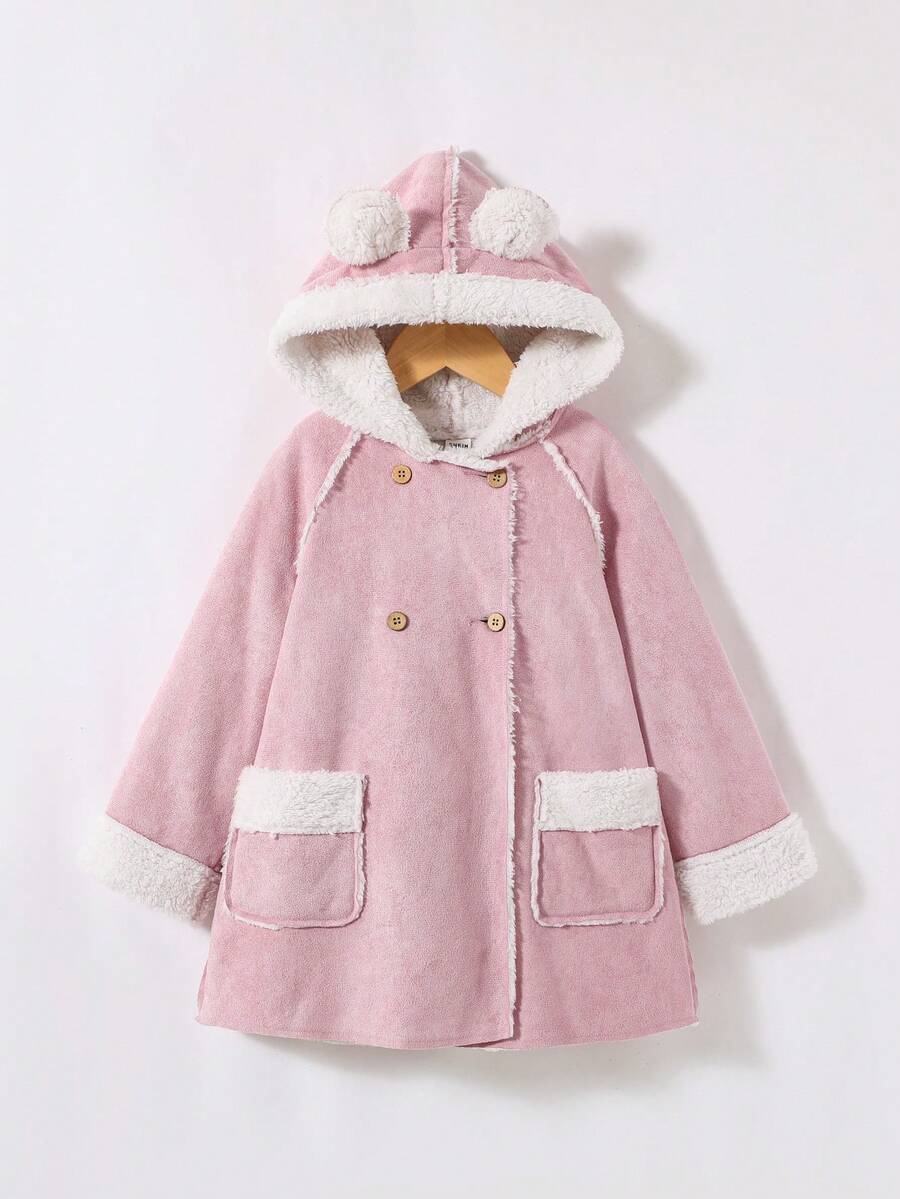 SHEIN 少女雙排扣3d耳朵設計帽風衣 - 淺粉色 - 查看 1