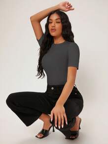 SHEIN BASICS Solid Round Neck Bodysuit - Dark Grey - View 3
