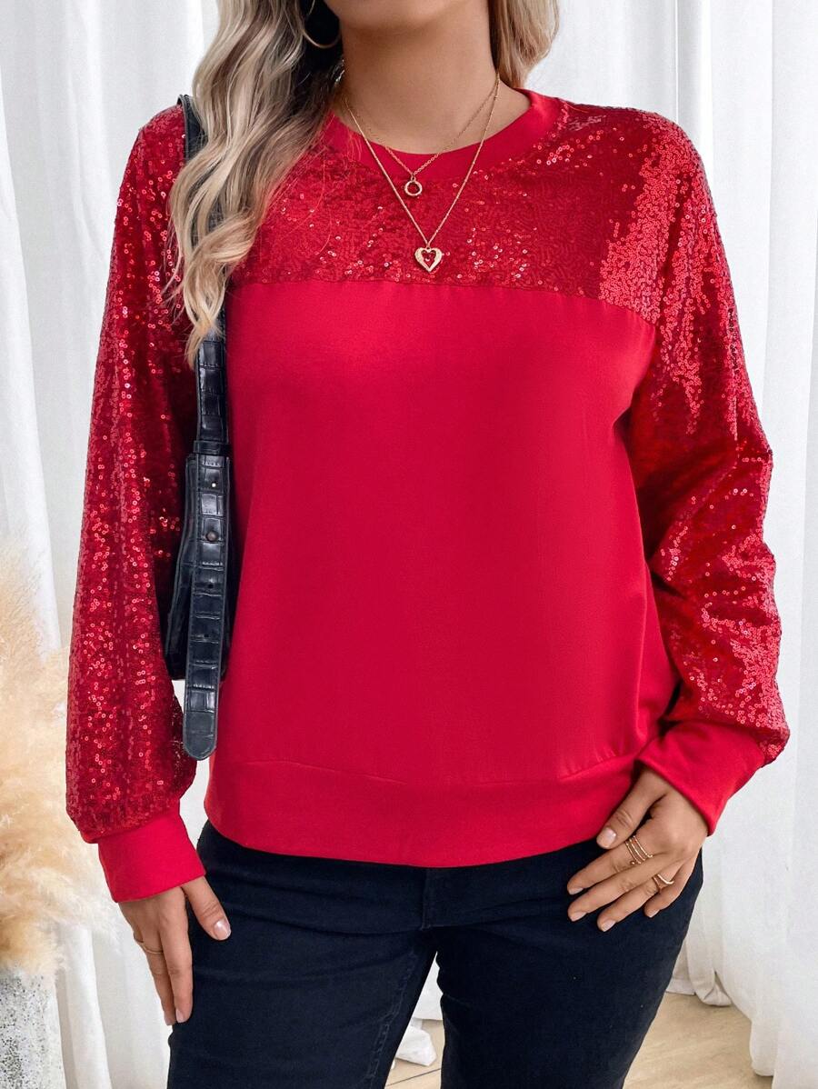 Calvaya Plus Contrast Sequin Sweatshirt Pullover Fall Sweatshirt - Red - View 1