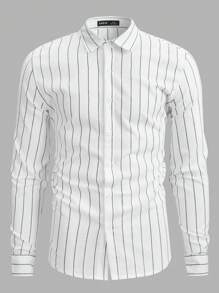 GENTILAND Camisa casual de manga larga con estampado de rayas de corte holgado para hombres - Blanco y Negro - Ver 3