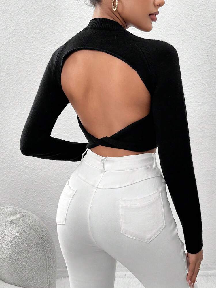 Solid Raglan Sleeve Crop Knit Pullover Fall Winter Sweater