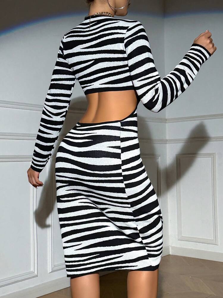 Zebra Striped Pattern Cut Out Split Thigh Sweater Dress Fall Cloth For Women