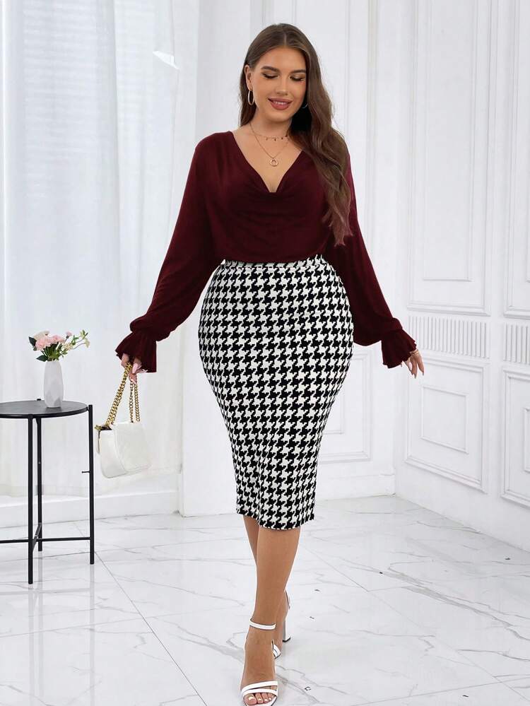 Plus Draped Collar Flare Sleeve Top & Houndstooth Print Skirt