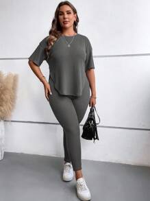 SHEIN LUNE Plus Drop Shoulder Split Hem Tee & Leggings - Dark Grey - View 6
