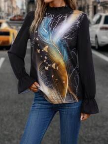 EMERY ROSE Feather Print Flare Sleeve Mock Neck Blouse Fall Cloth For Women - Black - View 6