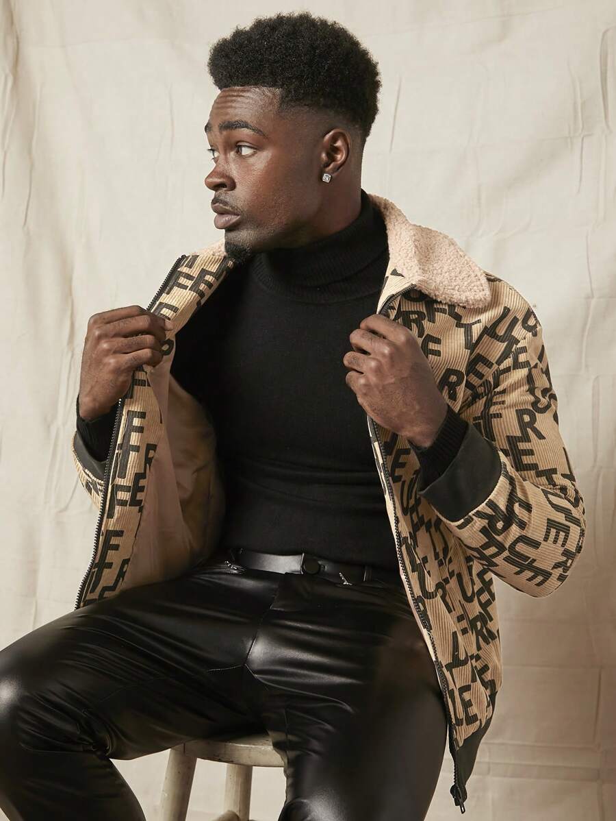 GENTILAND 宽松版型男士字母图案羊羔绒领落肩夹克（不含 T 恤） - 彩色 - 查看 1