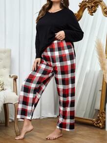 SHEIN 格子印花睡衣套装/家居服套装，舒适优雅的细节设计，秋冬服装，圣诞节 - 彩色 - 查看 3