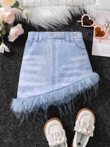 SHEIN 女小童毛茸邊不對稱下擺牛仔效果印花半身裙 - 藍色 - 查看 1