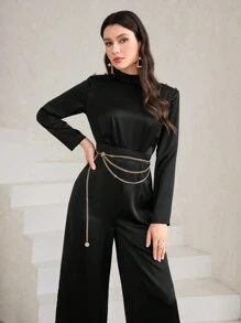 Modelyn Cổ giả quần ống rộng Xa ten Áo liền quần Không có dây chuyền - màu đen - Xem 5