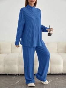 SHEIN Maternity Mock Neck Drop Shoulder Tee & Adjustable Waist Pants - Royal Blue - View 4