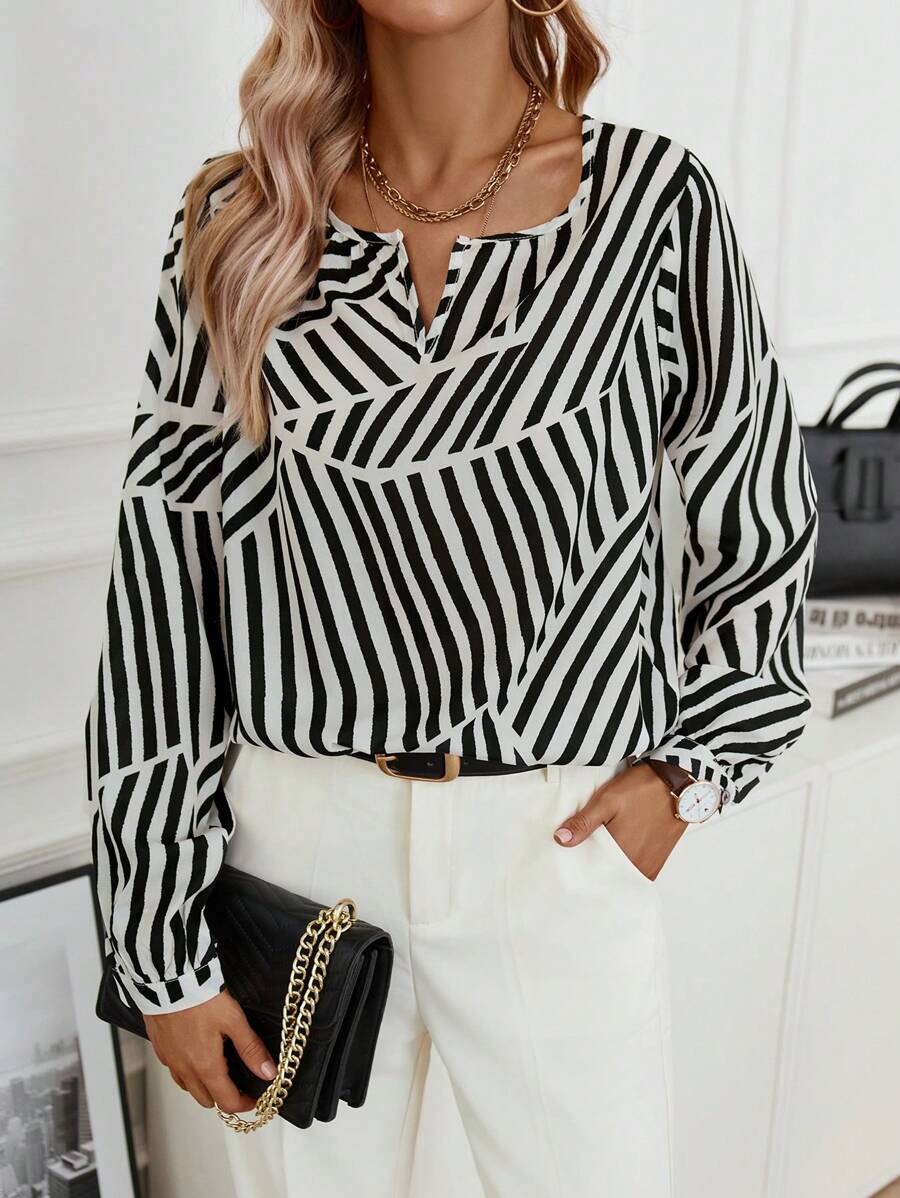 GENKIRA Bluse mit Streifen Muster, eingekerbtem Kragen, Laternenärmeln, - Verschiedenfarbig - Übersicht 1