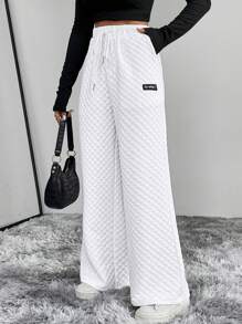 SHEIN Essnce 字母貼布腰部抽繩闊腿褲 - 白色 - 查看 1