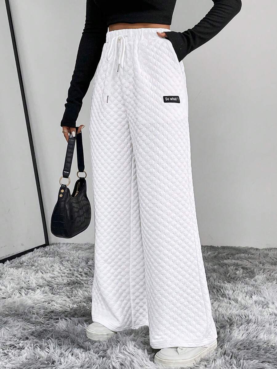 SHEIN Essnce 字母貼布腰部抽繩闊腿褲 - 白色 - 查看 1