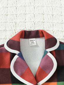 女嬰1入組格紋印花撞色滾邊西裝領花呢外套 - 彩色 - 查看 4