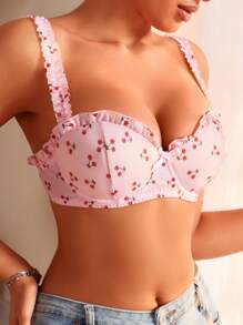 SHEIN Cherry Print Frill Trim Underwire Bra - Pink - View 1