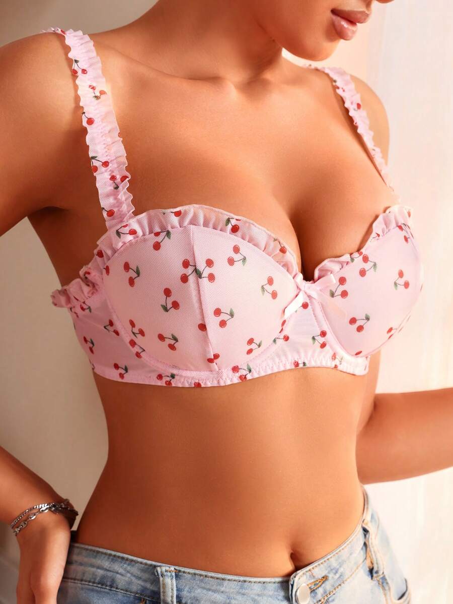 SHEIN Cherry Print Frill Trim Underwire Bra - Pink - View 1