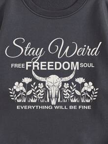 SHEIN EZwear 標語和花卉圖案加絨內裏運動衫 - 深灰色 - 查看 6