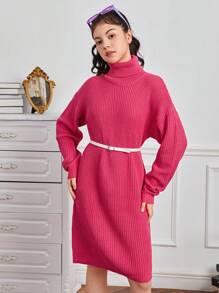Teen Girl Turtleneck Drop Shoulder Ribbed Knit Sweater Dress - Hot Pink - View 4