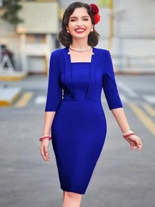 MUXXN Solid Square Neck Bodycon Dress - Royal Blue - View 4