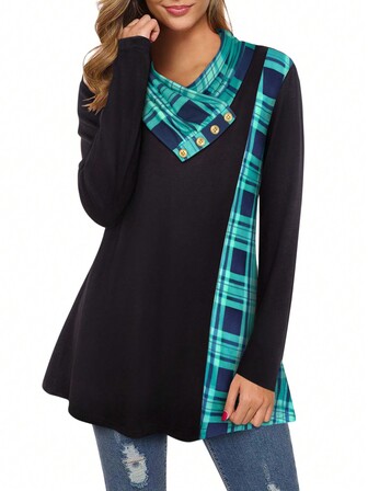 Contrast Plaid Print Button Detail Tee
