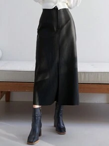 Dazy-Less Hoher Bund Spaltrock aus PU-Leder im Old Money Stil, Business Lässig Arbeitskleidung für Frauen, Herbst/Winter - Schwarz - Übersicht 3