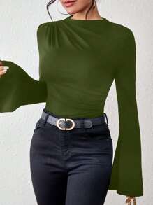 SHEIN Essnce Solid Ruched Flounce Sleeve Tee - Army Green - View 1