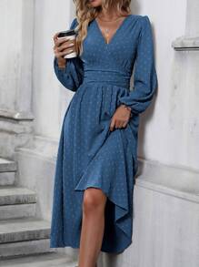 EMERY ROSE Swiss Dot Surplice Neck Lantern Sleeve Dress Maxi Women Outfit Fall Cloth For Women - Dusty Blue - View 1
