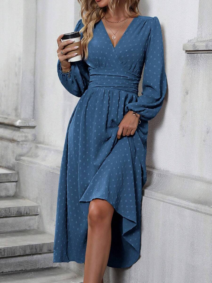 EMERY ROSE Swiss Dot Surplice Neck Lantern Sleeve Dress Maxi Women Outfit Fall Cloth For Women - Dusty Blue - View 1
