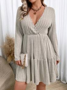 Franclia Plus Surplice Neck Ruffle Hem Dress Without Belt - Apricot - View 5