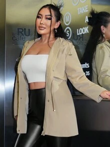 SHEIN SXY Áo khoác có dây rút thắt lưng có mũ trùm đầu - Màu Khaki - Xem 5