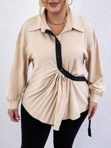Calvaya Plus Contrast Tape Knot Front Drop Shoulder Shirt - Multicolor - View 5