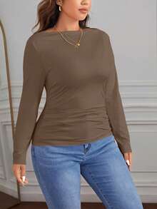 SHEIN Essnce 大碼船領褶邊T恤 - 棕色 - 查看 3